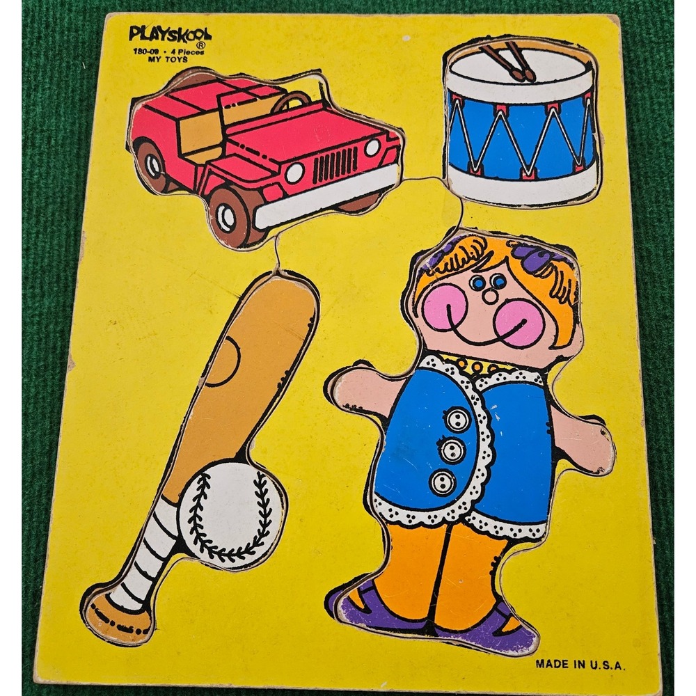 Playskool My Toys 4 Piece Wooden Chunky Puzzle‎ Jeep Drum Baseball Girl Vintage